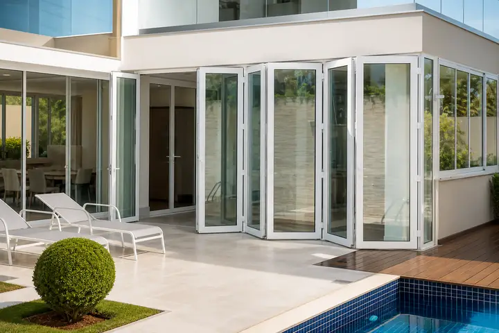 Portas dobráveis de vidro voltadas para a piscina